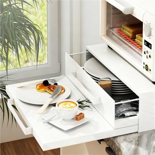 2-Tier Microwave Countertop Stand with Drawer and Pull-Out Shelf, Carbon Steel Storage Rack Organizer for Microwave, Coffee Maker, Small Appliances