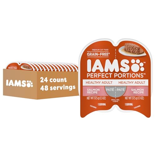 IAMS Perfect Portions Adult Wet Cat Food Pate, Chicken, Salmon, and Tuna Recipe Variety Pack, 2.6 oz. Easy Peel Twin-Pack Trays (24 Count, 48 Servings)