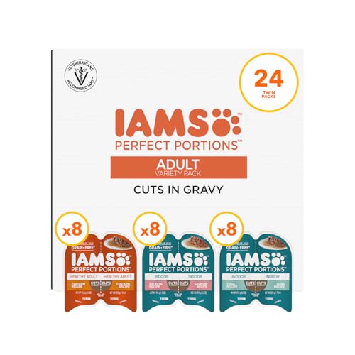 IAMS Perfect Portions Adult Wet Cat Food Cuts in Gravy, Chicken, Tuna, and Salmon Recipe Variety Pack, 2.6 oz. Easy Peel Twin-Pack Trays (24 Count, 48 Servings)