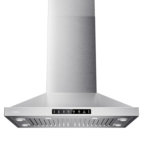 VIKIO HOME 30 Inch Island Range Hood, 390 CFM kitchen Hood with Dual-Sided Touch/Gesture Control, Convertible Ducted/Ductless, Ceiling Mount, 3 Stainless Steel Baffle Filters, 3-Speed Fan