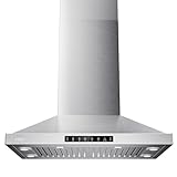 VIKIO HOME 30 Inch Island Range Hood, 390 CFM kitchen Hood with Dual-Sided Touch/Gesture Control, Convertible Ducted/Ductless, Ceiling Mount, 3 Stainless Steel Baffle Filters, 3-Speed Fan