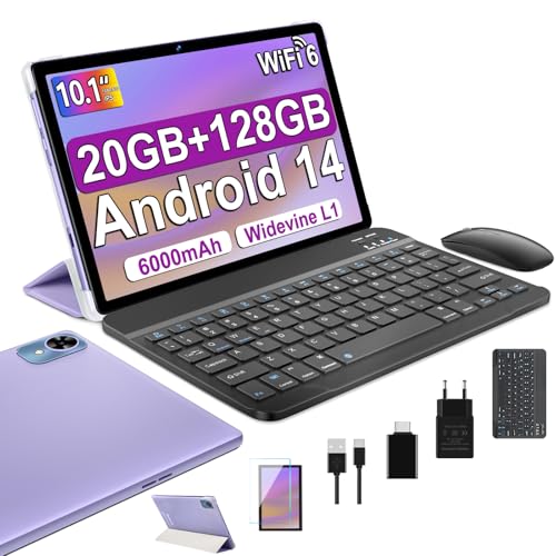 fezawio 2025 Tablet 10 Inch Android 14 Tablets with Keyboard, 22GB RAM 128GB ROM, Widevine L1, Octa-Core, 8000mAh Battery, 5G WiFi, HD IPS Display, TF 1TB, GPS, Mouse, Case, Split Screen, Metal Body