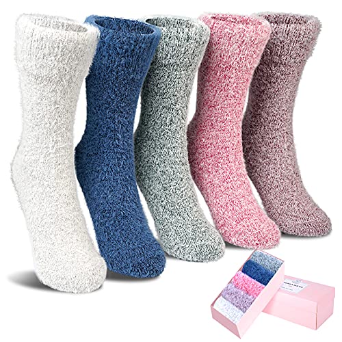 SISOSOCK 5 Pairs Fuzzy Soft Cozy Fluffy Socks for Women, Casual Thick Plush Comfy Sleep Socks, Warm Winter Gifts for Women
