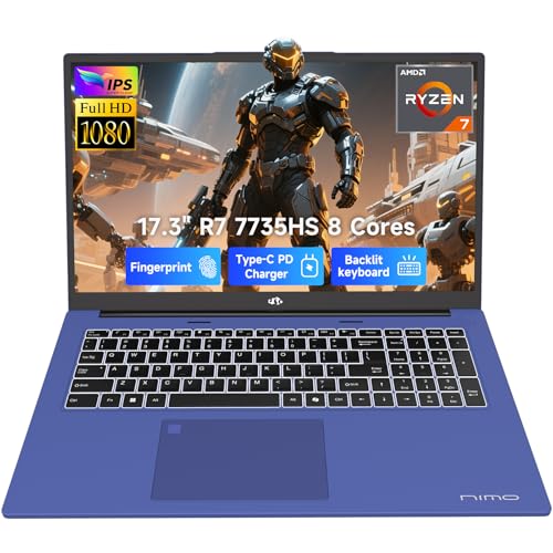 NIMO 2025 Gaming-Laptop, 17 Inch AMD Ryzen 7 7735HS 64GB DDR5 RAM 1TB SSD (8C/16T, Beats i7-12650H) Computer with Radeon 680M, 100W Type-C, WiFi-6E, 58Wh Battery, Fingerprint, Backlit KB for Business