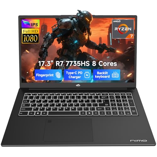 NIMO 2025 Gaming-Laptop, 17 Inch AMD Ryzen 7 7735HS 64GB DDR5 RAM 1TB SSD (8C/16T, Beats i7-12650H) Computer with Radeon 680M, 100W Type-C, WiFi-6E, 58Wh Battery, Fingerprint, Backlit KB for Business