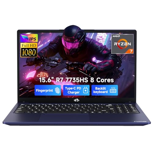 NIMO 15.6" IPS FHD-Gaming-Laptop, AMD 8 Cores Ryzen 7 7735HS 64GB DDR5 RAM 2TB SSD (Beats i7-12650H) Computer with Radeon 680M 100W Type-C Charger Backlit Keyboard Fingerprint, for Gaming Business