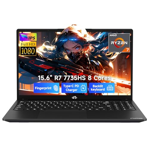 NIMO 15.6" IPS FHD-Gaming-Laptop, AMD 8 Cores Ryzen 7 7735HS 64GB DDR5 RAM 1TB SSD (Beats i7-12650H) Computer with Radeon 680M 100W Type-C Charger Backlit Keyboard Fingerprint, for Gaming Business