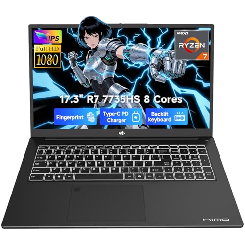 NIMO 17.3" Gaming-Laptop, AMD Ryzen 7 7735HS (8C/16T, Beats i7-12650H) 64GB DDR5 RAM 2TB SSD Computer with Radeon 680M, 100W Type-C Charger, Wi-Fi 6E, 58Wh Battery, Fingerprint, Backlit Keyboard