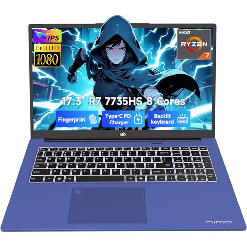 NIMO 17.3" Gaming-Laptop, AMD Ryzen 7 7735HS (8C/16T, Beats i7-12650H) 64GB DDR5 RAM 2TB SSD Computer with Radeon 680M, 100W Type-C Charger, Wi-Fi 6E, 58Wh Battery, Fingerprint, Backlit Keyboard
