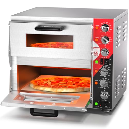 PYY 16" Indoor Electric Double Decker Pizza Oven w/Pizza Stone for Restaurant Home,Countertop Pizza Oven with 60-min Ring Timer, Commercial Pizza Oven with 4 Large Heat Tube, 3200W, ETL listed,Grey