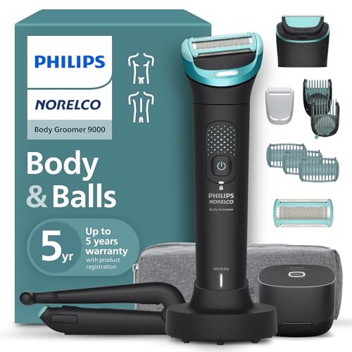 Philips Norelco Body Groomer 9000 Series, Intimate Trimmer for Bi-directional Use & Waterproof Wet Dry Body Shaver System with Foldable Back Attachment & UV Cube Cleaner, BG9485/50