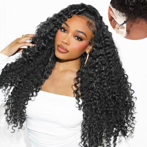 Lemiva 7x5 Deep Wave Glueless Wigs Human Hair Pre Plucked Pre Cut HD Lace 200% Density 7x5 Deep Wave Lace Front Wigs Human Hair 26 Inch Curly Wear and Go Drawstring Wig for Women Beginner Friendly