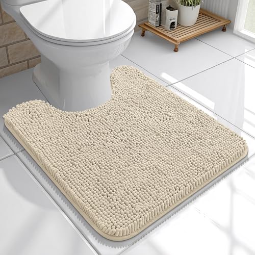 OLANLY Toilet Rugs U-Shaped 20x20, Extra Soft Absorbent Chenille Contour Bathroom Rugs for Toilet, Dry Quickly, Machine Washable, Non-Slip Bath Mat, Sand