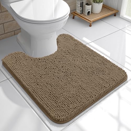 OLANLY Toilet Rugs U-Shaped 20x20, Extra Soft Absorbent Chenille Contour Bathroom Rugs for Toilet, Dry Quickly, Machine Washable, Non-Slip Bath Mat, Tan