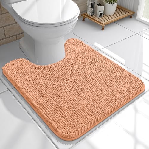 OLANLY Toilet Rugs U-Shaped 20x20, Extra Soft Absorbent Chenille Contour Bathroom Rugs for Toilet, Dry Quickly, Machine Washable, Non-Slip Bath Mat, Peach