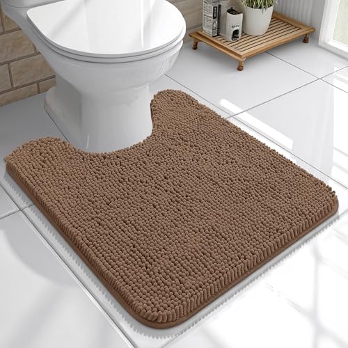 OLANLY Toilet Rugs U-Shaped 20x20, Extra Soft Absorbent Chenille Contour Bathroom Rugs for Toilet, Dry Quickly, Machine Washable, Non-Slip Bath Mat, Mocha