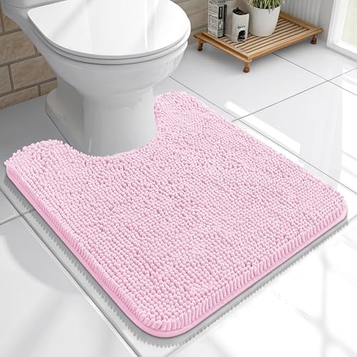 OLANLY Toilet Rugs U-Shaped 20x20, Extra Soft Absorbent Chenille Contour Bathroom Rugs for Toilet, Dry Quickly, Machine Washable, Non-Slip Bath Mat, Pink