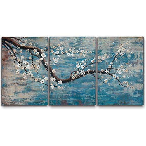 Wall Art Hand-Painted Framed Flower Oil Painting On Canvas Gallery Wrapped Modern Floral Artwork for Living Room Bedroom Décor Teal Blue Lake Ready to Hang