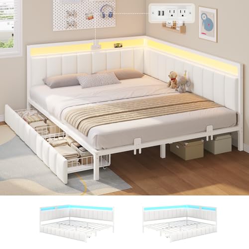 Hasuit Corner Bed Frame with Storage Drawers, Daybed with Line Fabric Upholstered Fence, Kids Bed Unit with LED Light and Charging Station, Modern Bed Frame