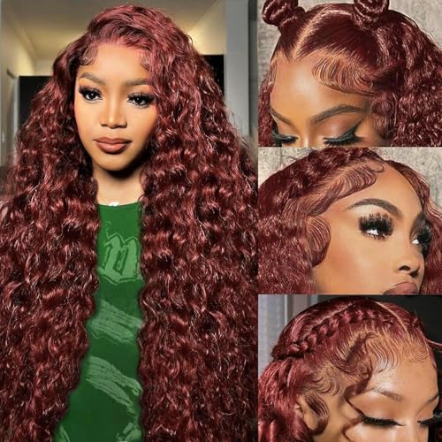 Reddish Brown Lace Front Wias Human Hair 30 Inch Reddish Brown Curly Lace Front Wig 180 Density 33# Deep Wave 13x6 HD Lace Frontal Wigs Human Hair PrePlucked for Women burgundy Colored Human Hair wig