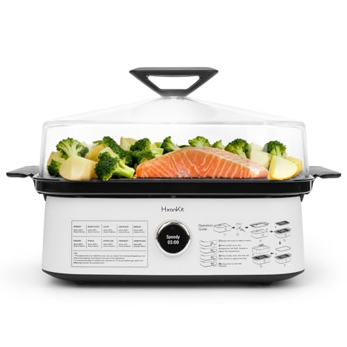 Electric Food Steamer with Boron Glass Lid, 450°C high-temperature steam, fast cooking of food, seafood, stew, disinfection, built-in program,One-Touch Control,1800W,White