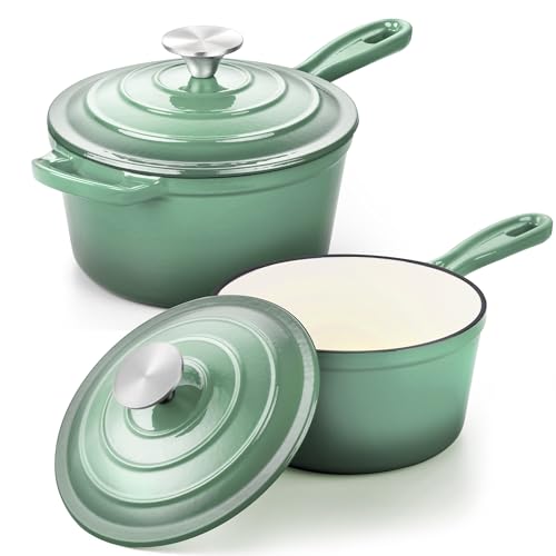 1 Qt & 2 Qt Saucepan Set, Leonyo Enameled Cast Iron Sauce Pan, Cast Iron Dutch Oven Kitchen Small Pots for All Cooktops Cooking Pasta, Milk, Oatmeal - Up to 500°F, Pistachio Green