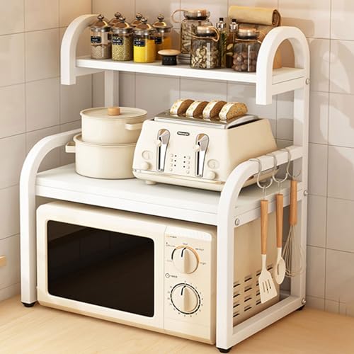 POLGDW 2 Tier Wooden Microwave Stand with Hooks Kitchen Storage Shelf for Appliances Tableware & Condiments Countertop nizer for Small Spaces