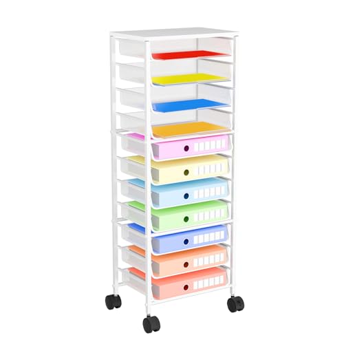 Simple Trending 12 Tier Rolling File Cart,Wood Desk File Organizer with Sliding Trays and Wetal Mesh Paper Letter Storage Multi-Functional Rolling Clutter Cart for Office, Home, School, Black…