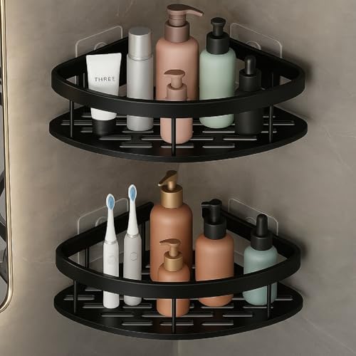 Misamo Enterprise Self Adhesive Aluminum Corner Shelf for Bathroom & Kitchen | Wall Mounted Storage Rack Organizer | No Drilling Bathroom Accessories Holder (Black,Pack of 2)