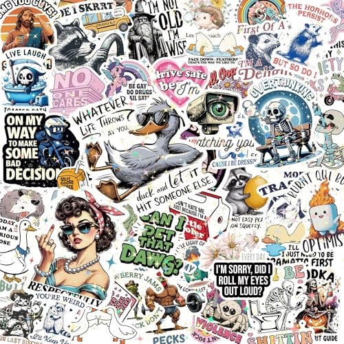 200 Pcs Holographic Funny Meme Stickers for Adults, Waterproof Vinyl Sarcastic Animal Decals with Raccoon, Frog, Possum & Skeleton Humor for Water Bottles, Laptop, Skateboard & Journal (Dirty)