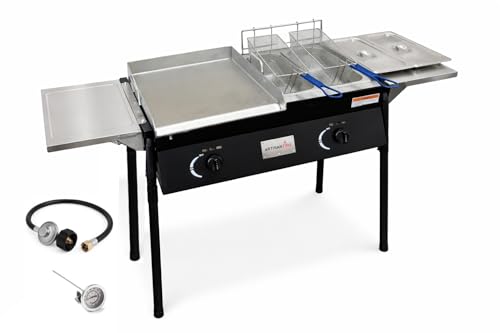 Propane Deep Fryer and Flat Top Grill Station-4 in 1 Stainless Steel Fryer-Steamers Food Warmer-Ideal Burger, Fries, and Chicken Wings Station-Taco Cart-With Hose & Regulator + Thermometer