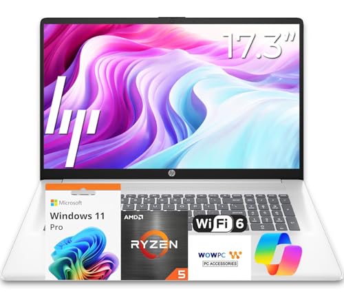 HP 17 Business Laptop | 2026 Edition | 17.3" FHD Display | AMD 7000 Ryzen 5 Processor (Beats 13th Core i7) | 16GB RAM | 1TB SSD | WiFi-6 | Ethernet RJ-45 | HDMI | Windows 11 + Copilot | w/WOWPC USB