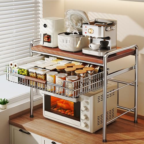 2-Tier Metal and Solid Wood Microwave Stand with Basket, Multifunctional Kitchen Counter Shelf Organizer for Small Appliances, Spice Rack Storage for Countertop(50cm-19.7in)