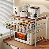 2-Tier Metal and Solid Wood Microwave Stand with Basket, Multifunctional Kitchen Counter Shelf Organizer for Small Appliances, Spice Rack Storage for Countertop(50cm-19.7in)