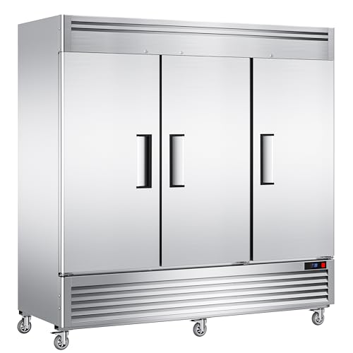 Coolake 82" Width Commercial Refrigerator 3 Solid Doors, 72 Cu.ft Stainless Steel Reach-in Upright Fridge with LED Lighting, Fan Cooling Refrigerator for Restaurant Cafe Hotel Kitchen Prep Area