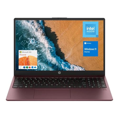 HP 15.6" Portable Laptop (Include 1 Year Microsoft 365), HD Display, Intel Quad-Core N200 Processor, 16GB RAM, 128GB Storage, Wi-Fi 6, Webcam, HDMI, Numeric Keypad, Windows 11 Home, Glimmer Garnet