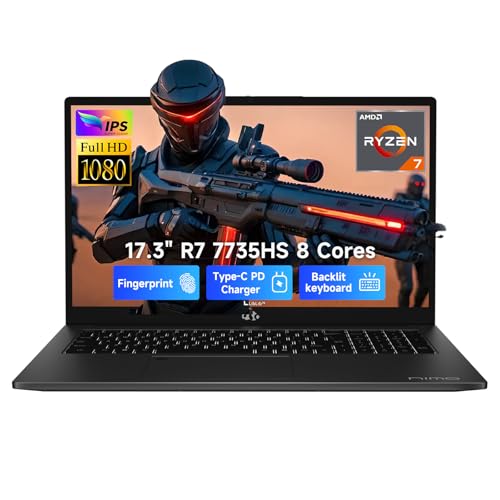 NIMO 17.3" Laptop, AMD Ryzen 7 7735HS (8C/16T, up to 4.75GHz), 64GB DDR5 RAM, 1TB PCIe 4.0 SSD, 100W PD Fast Charging, FHD Anti-Glare Display, Fingerprint, Backlit KB w/Numpad, WiFi 6, Win 11