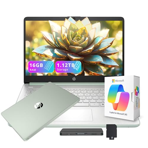 HP Flagship 14" HD Student&Business Laptop with AI Copilot, 13th Gen Intel 4-Core, 16GB RAM, 1.12TB Storage (128GB UFS + 1TB Docking Station), 1 Year Office 365, Wi-Fi 6, Win 11 S, Willow Green