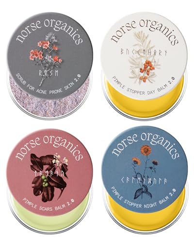 Norse Organics | The Complete System for Pimples 2.0 | 4 Step Skincare Kit with Natural Arctic Herbs | Includes Pimple Stopper Day & Night Balms, Scar Balm, Face Scrub | For All Skin Types (4 pcs)
