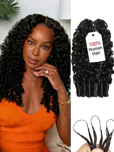 Burmese Curly Feather Human Crochet Hair for Black Women 105g Pre-Separated Looped Invisble Curly Bundles Human Hair Reusable Wet and Wavy Remy Hair Extensions Natural Color 18 Inch
