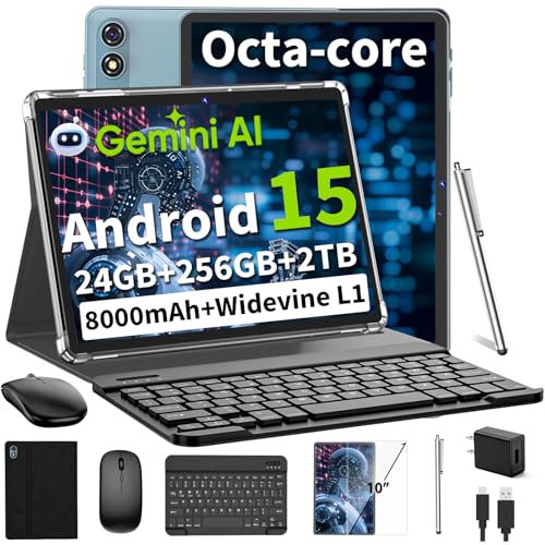 Android 15 Tablet 10 Inch, 2026 Tablet with Keyboard, 24GB+256GB+2TB Expand, Tablets PC with Gemini AI, Octa-Core, 8000mAh, 5G WiFi, Widevine L1, GMS, 2 in 1 Tablets with Case, Mouse, Stylus (Black)