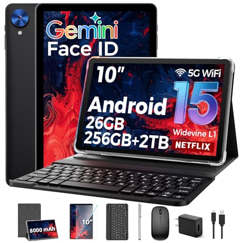 2026 Android 15 Tablet with Keyboard, 26GB+256GB, 2TB Expand, 10 Inch Tablet PC with 8-Core, Gemini AI, 5G WiFi, 8000mAh, BT5.0, Widevine L1, GPS, 2-in-1 Tablets with Case, Mouse, Stylus (Silver Case)
