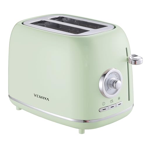 VEMIYA Retro 2 Slice Small Toaster – Compact Wide Slot Toaster with Premium Gloss Finish, 6 Browning Settings, High-Lift Lever & Removable Crumb Tray – Modern Vintage Kitchen Appliance (Mint Green)