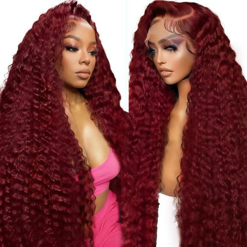 Hoyrhra 30 Inch 99j Burgundy Wig Human Hair 13x6 Deep Wave Lace Front Wigs Human Hair Pre Plucked HD Transparent Lace Frontal Wigs for Black Women 200% Density Red Colored Curly Wig