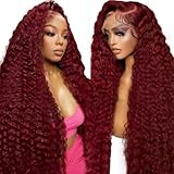 Hoyrhra 30 Inch 99j Burgundy Wig Human Hair 13x6 Deep Wave Lace Front Wigs Human Hair Pre Plucked HD Transparent Lace Frontal Wigs for Black Women 200% Density Red Colored Curly Wig