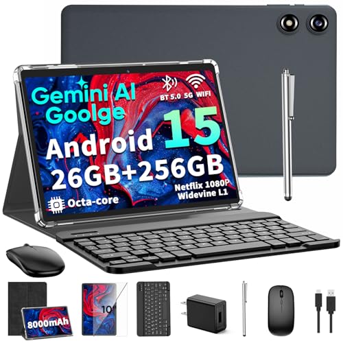 2026 10 Inch Android 15 Tablet with Keyboard, 26GB+256GB, 2TB Expand, Gemini AI Tablet PC with Octa-Core, 8000mAh, 5G WiFi, GPS, GMS, Widevine L1, 2 in 1 Tablets with Case, Mouse, Stylus (Black Case)