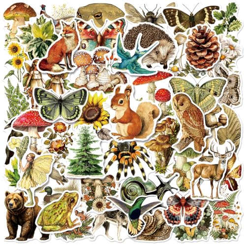 50 Pcs Vintage Forest Flora & Fauna Stickers, Waterproof Vinyl Retro Nature Decals for Laptop Skateboard Luggage, Classic Woodland Creature & Plant Stickers Gift for Kids Teens Adults (Flora Fauna)
