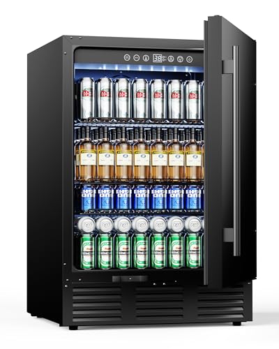 24 Inch Beverage Refrigerator, 181 Cans Under Counter Refrigerator, Outdoor Fridge with Stainless Steel Door, for Soda/Water/Beer, Outdoor Refrigerator for Patio/Outdoor Kitchen/Bar/Office (Black)