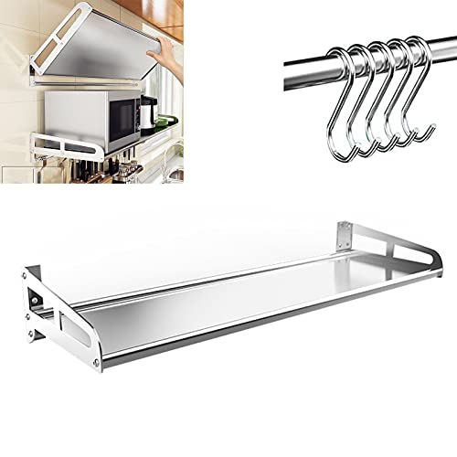 Stainless Steel Microwave Wall Mount Rack - Foldable Kitchen Shelf with 5 Hooks Space-Saving Oven Stand Adjustable Storage for Small Appliances and Utens