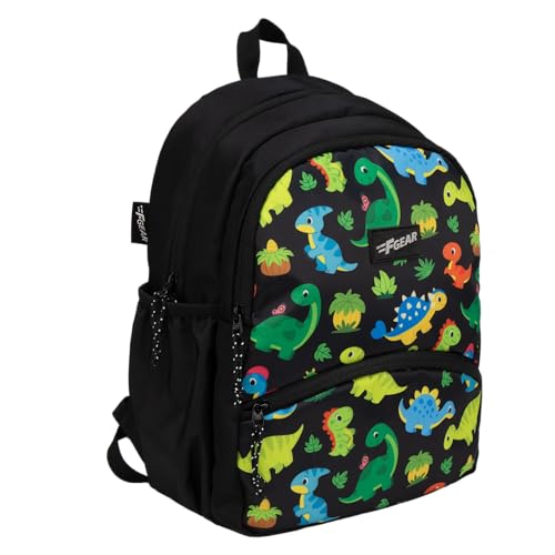 F Gear Brio 13L Kids Backpack | Fun Dinosaur Print | 2 Compartments & 1 Pocket, Durable, Lightweight, Comfortable | Perfect School & Picnic Bag | Water-Resistant Multipurpose for Kids (Black)